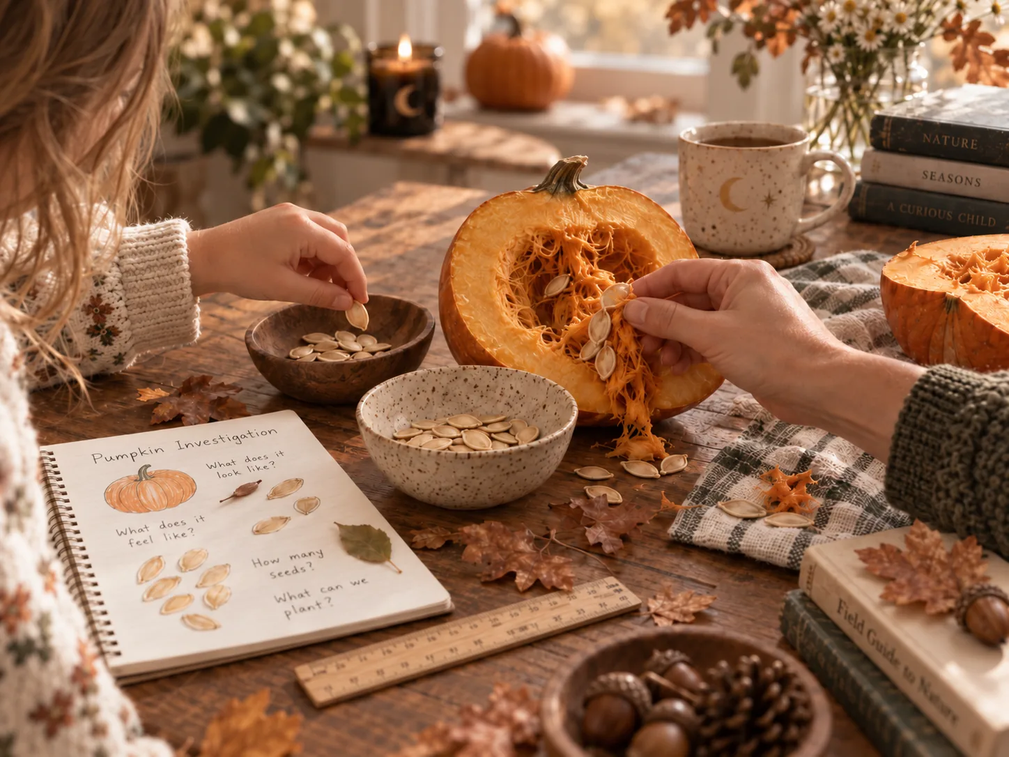A child and adult sorting pumpkin seeds at a wooden table while recording observations in a nature notebook.