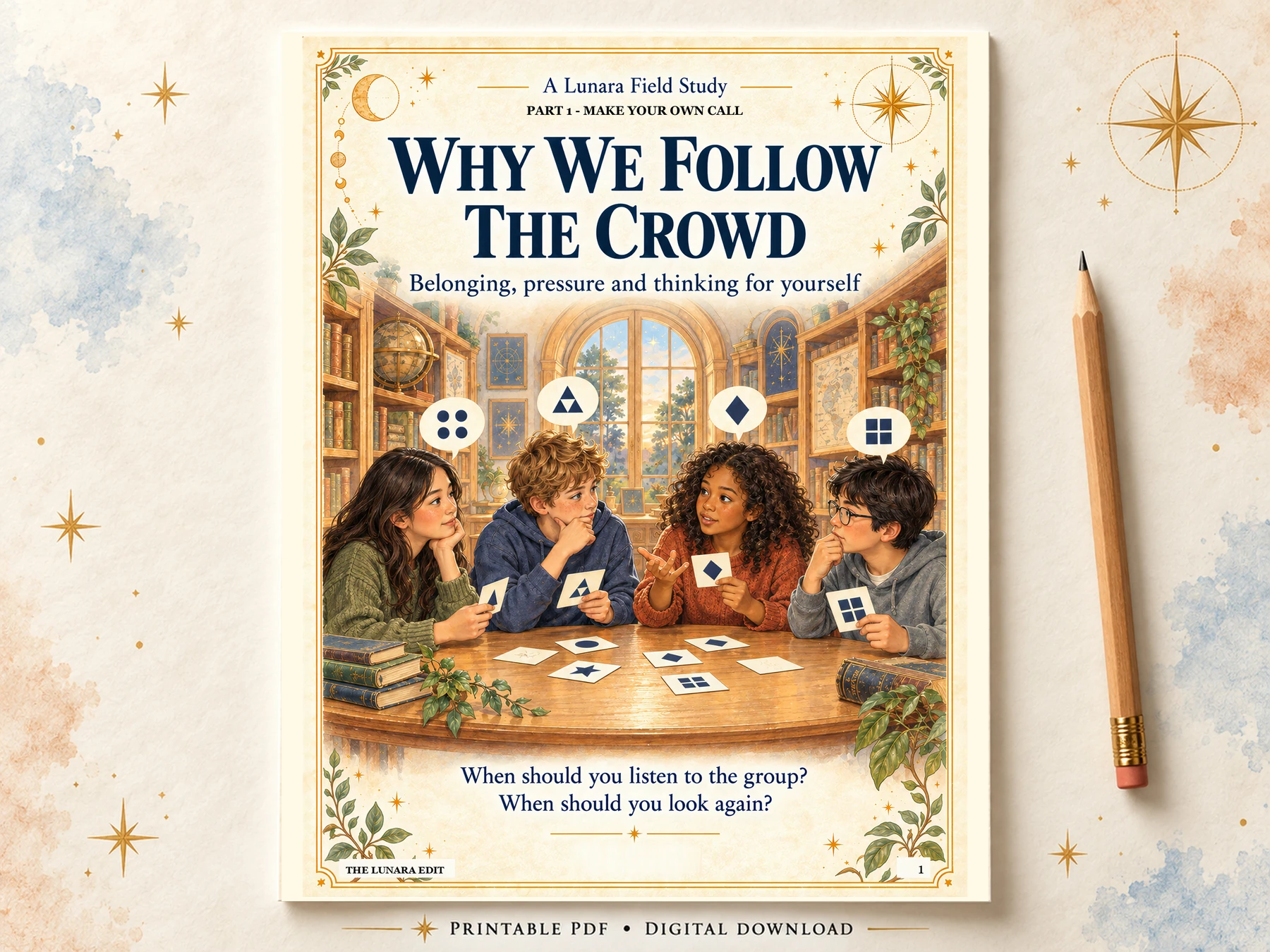 Why We Follow the Crowd listing cover and illustrated study previews; three learner parts plus a parent guide, 32 pages in four PDFs.