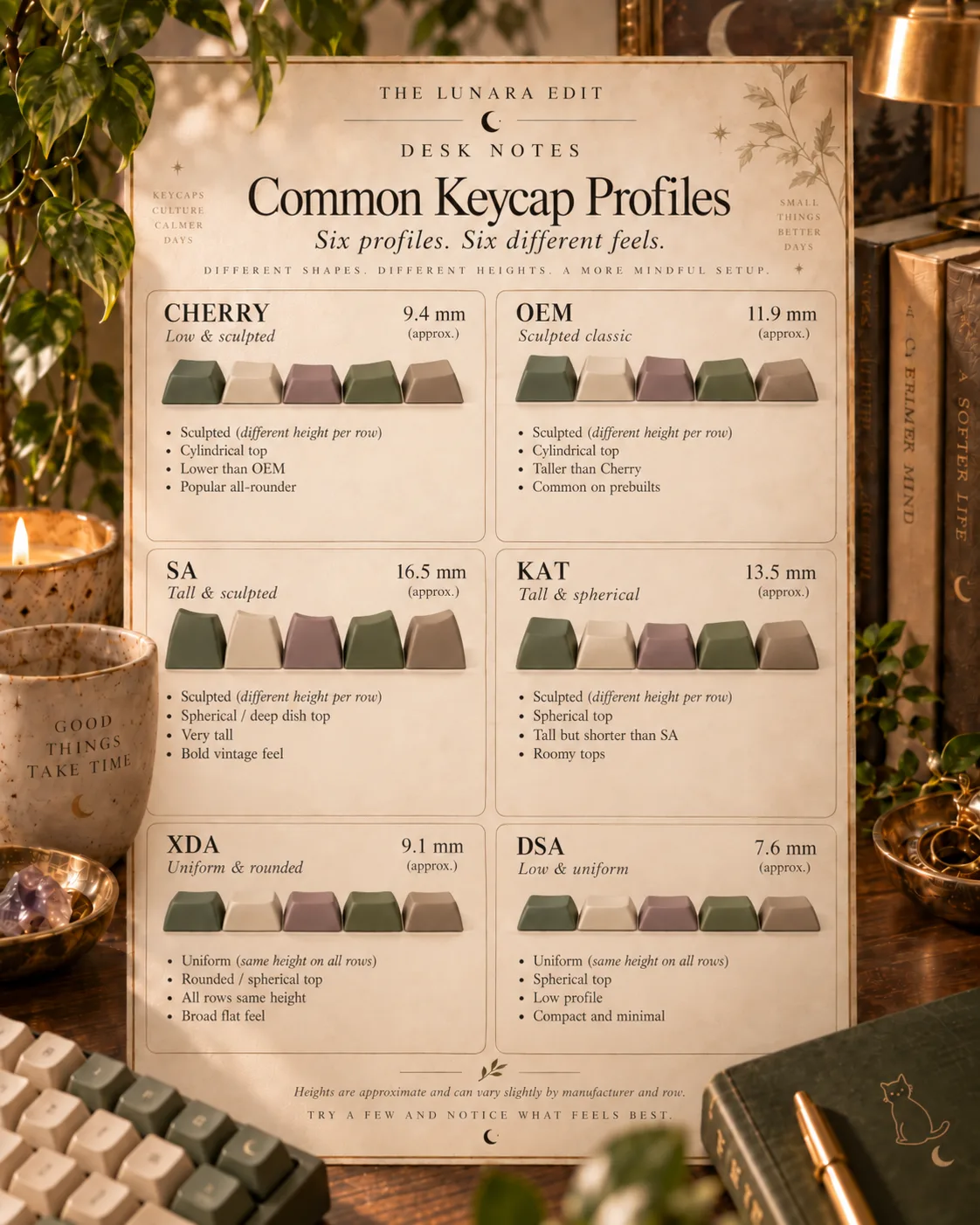Six keycap profiles side by side — Cherry, OEM, SA, KAT, XDA, and DSA — each with its height and defining traits