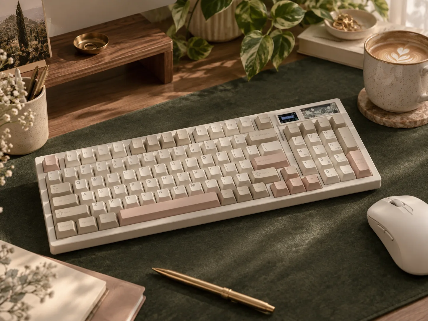 A cream mechanical keyboard with dusty-pink accent keys on a moss-green felt desk mat, beside a latte, a white mouse, and a brass pen