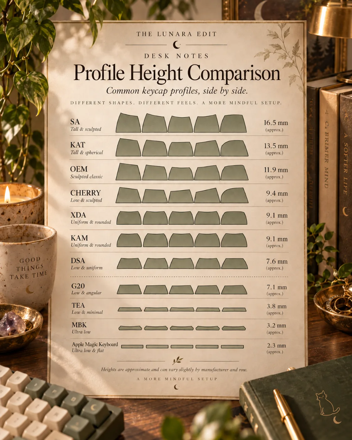 Chart comparing keycap profile heights in side view, from SA at 16.5mm down to an Apple Magic Keyboard key at 2.1mm
