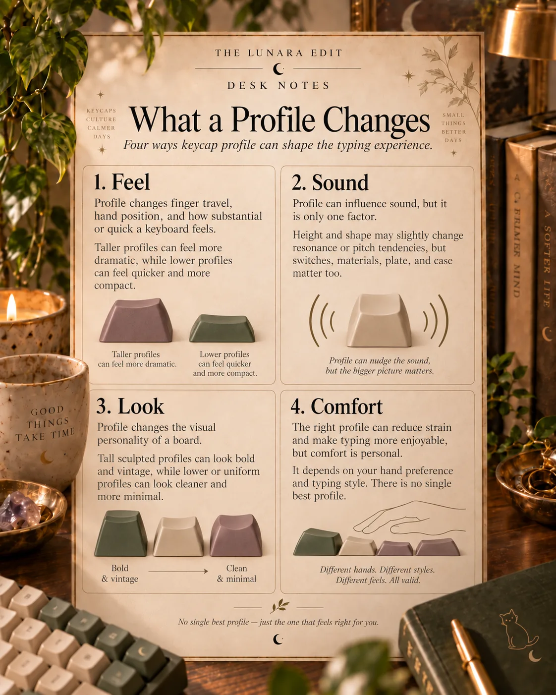 Diagram of what a keycap profile changes: feel, sound, look, and comfort