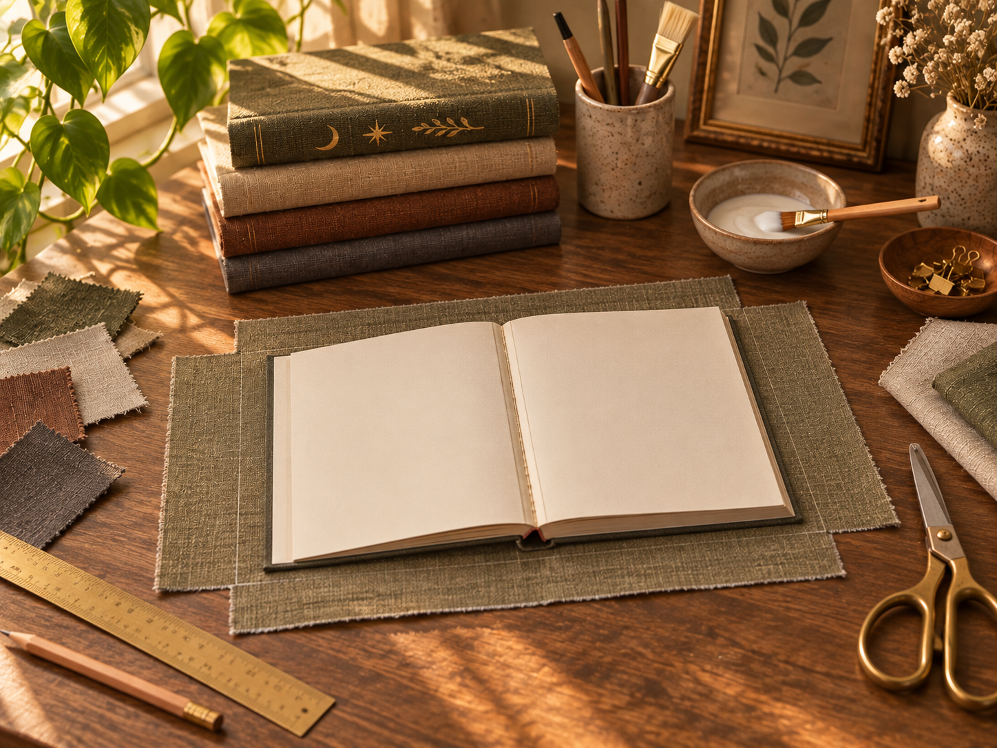 Cut linen pieces laid out beside an open hardcover book before wrapping