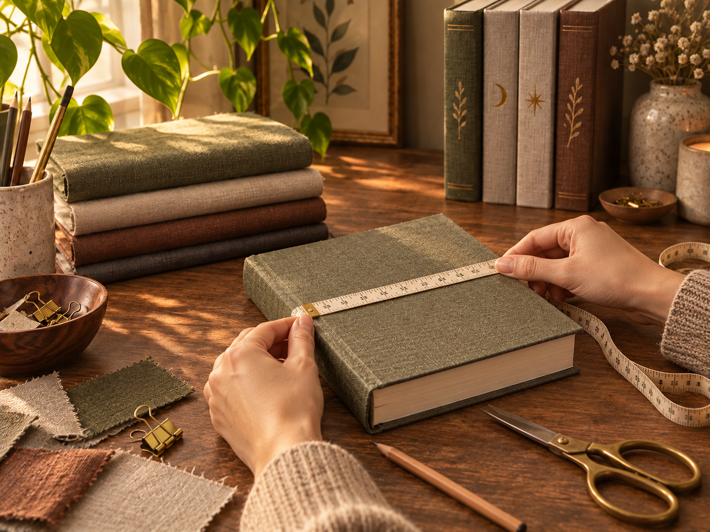 A metallic gold botanical detail being added to a linen-wrapped book
