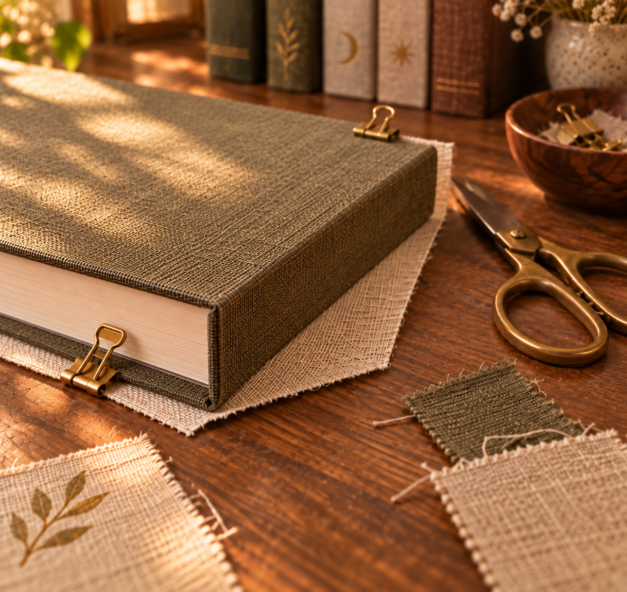 Finished linen-wrapped books in muted earthy colors with subtle gold details