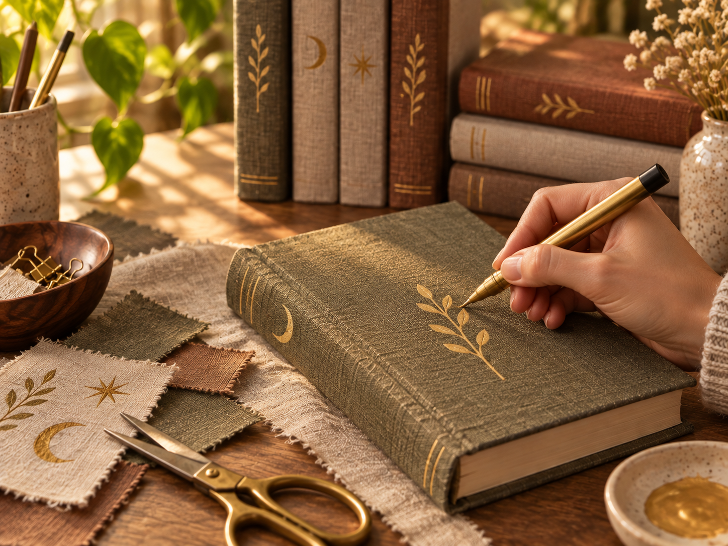 A close view of linen being folded neatly around the edge of a hardcover book