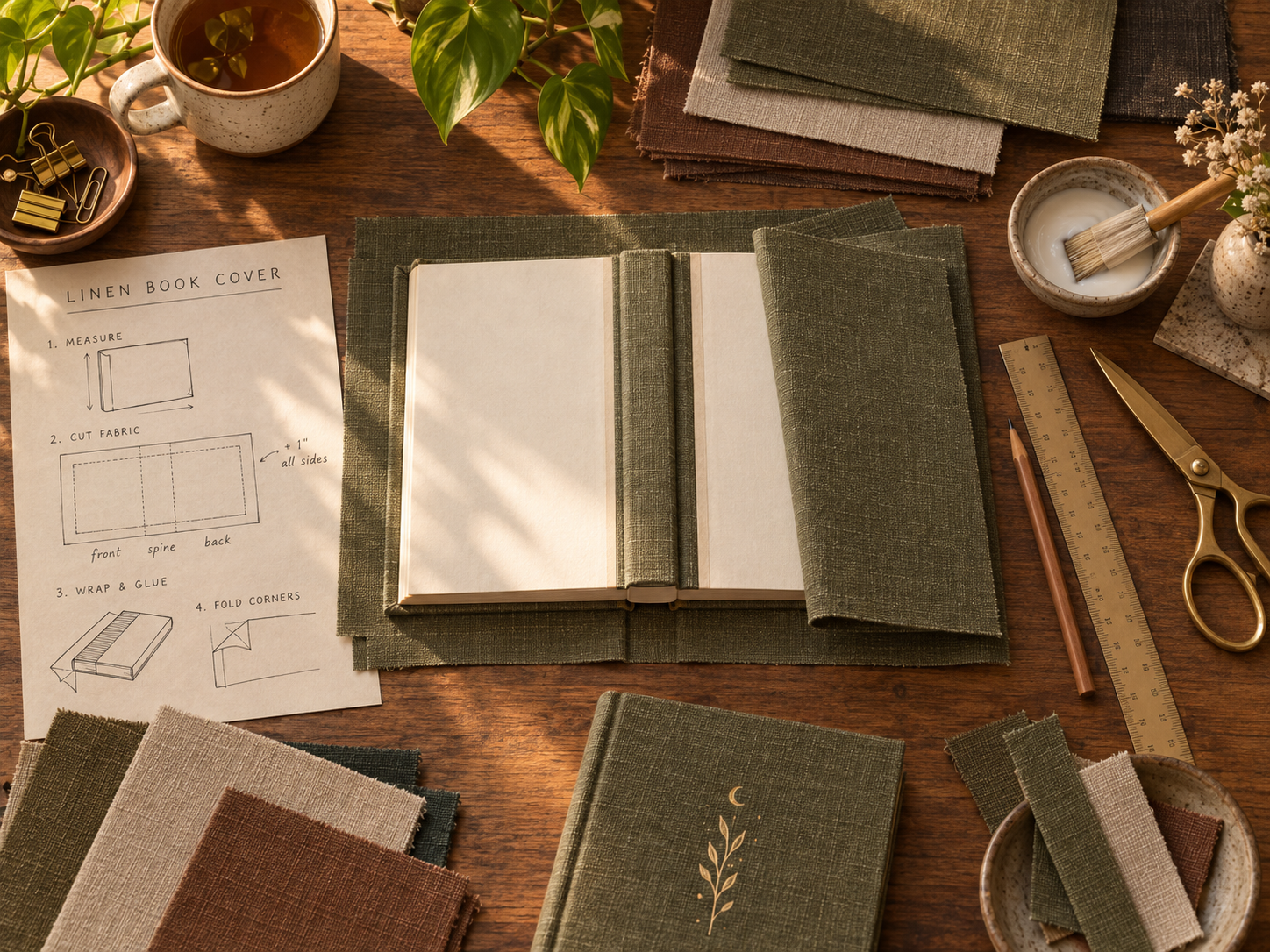 Linen, scissors, glue, and a hardcover book arranged on a wooden work surface for a DIY book-cover project