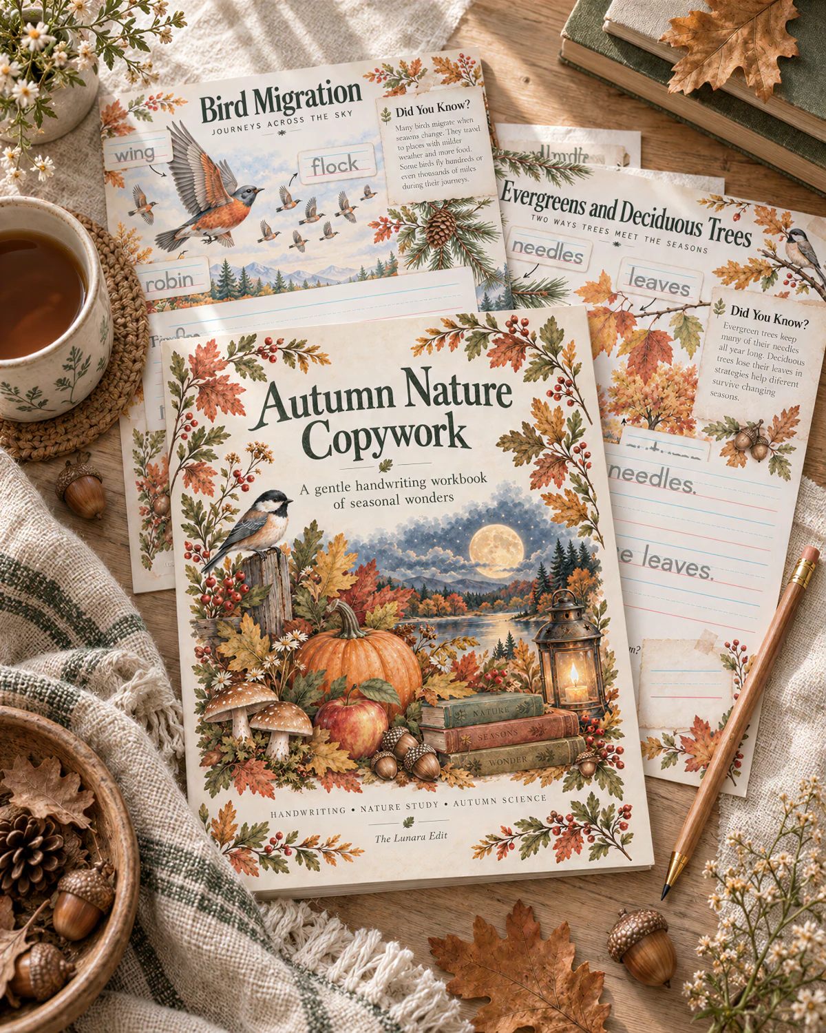 The Autumn Nature Copywork cover between the Bird Migration page, labeled wing, flock, and robin, and the Evergreens and Deciduous Trees page, with a cup of tea, a pencil, and acorns