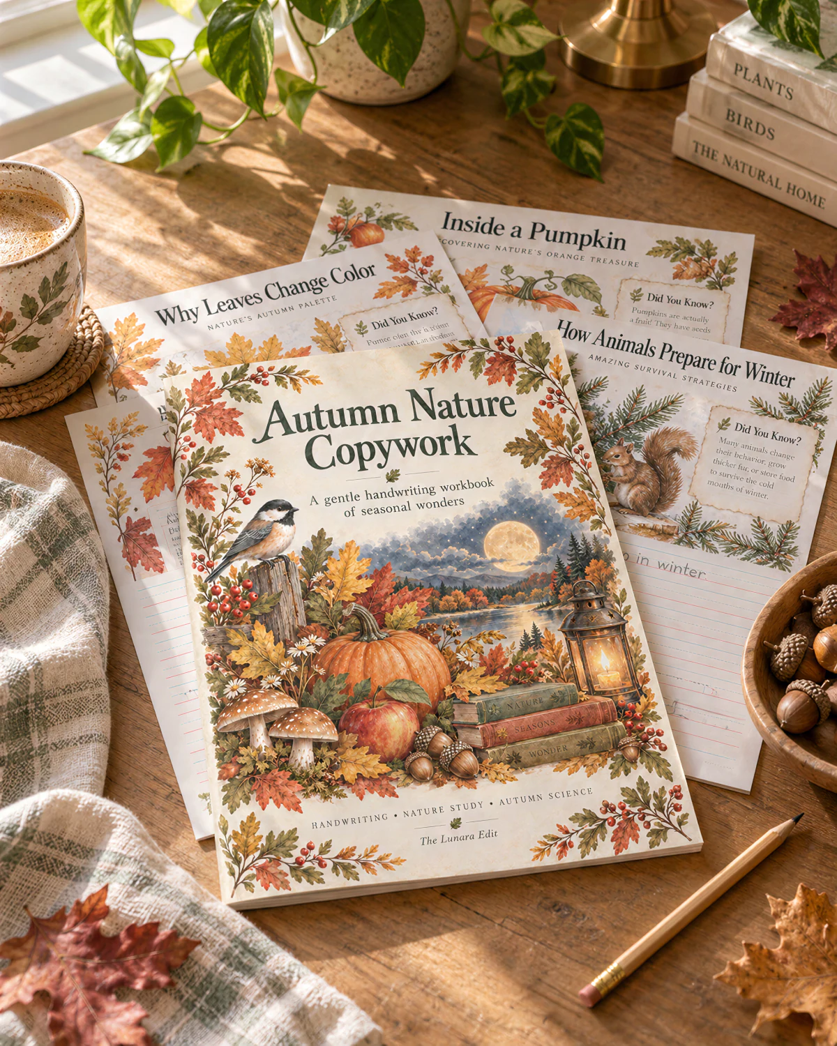 The Autumn Nature Copywork cover, with a chickadee, pumpkin, and harvest moon, lying on top of the Why Leaves Change Color, Inside a Pumpkin, and How Animals Prepare for Winter pages on a sunlit wooden table