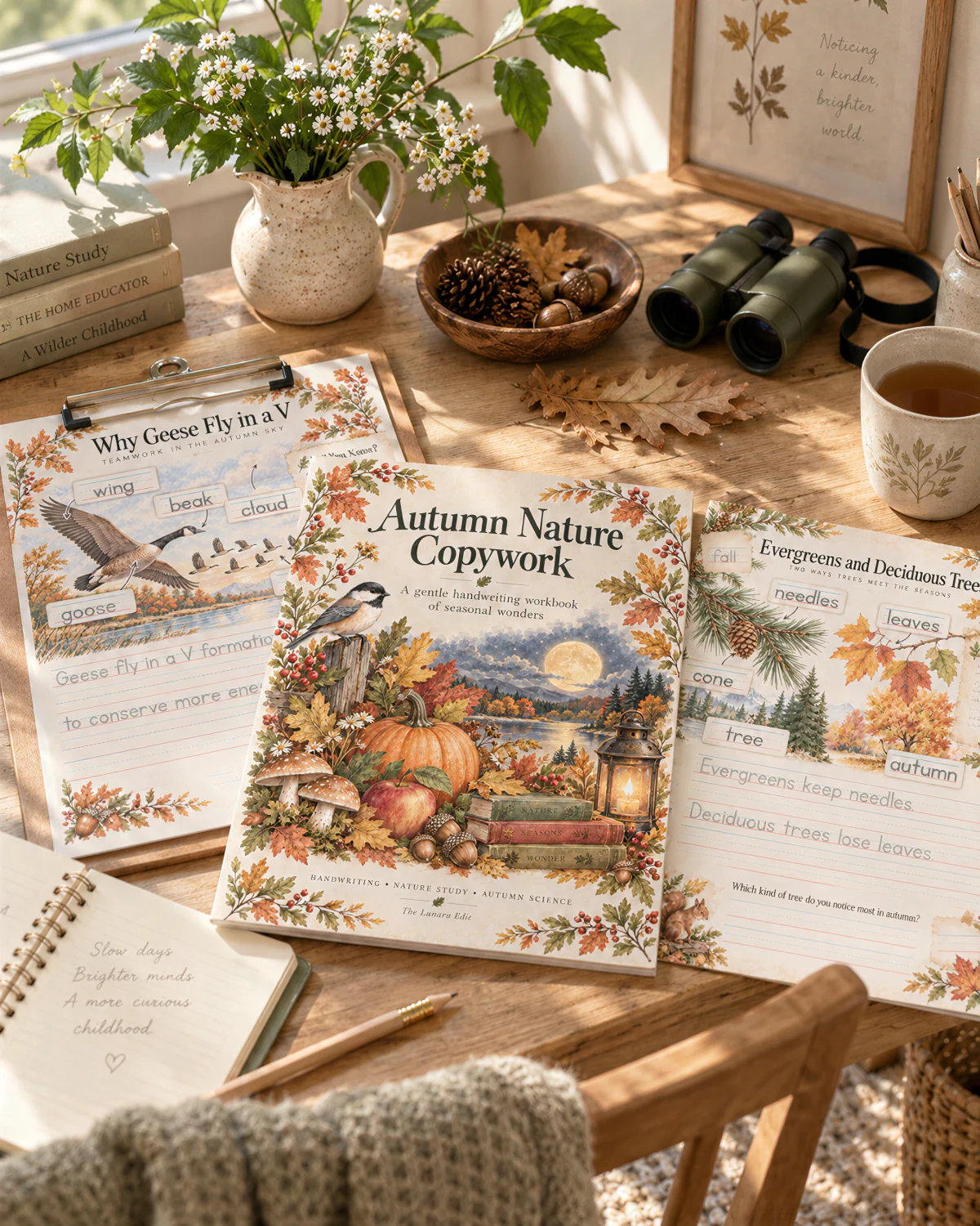 The Why Geese Fly in a V page on a clipboard beside the workbook cover and the Evergreens page, with binoculars, a pinecone bowl, and a small vase of flowers by a window