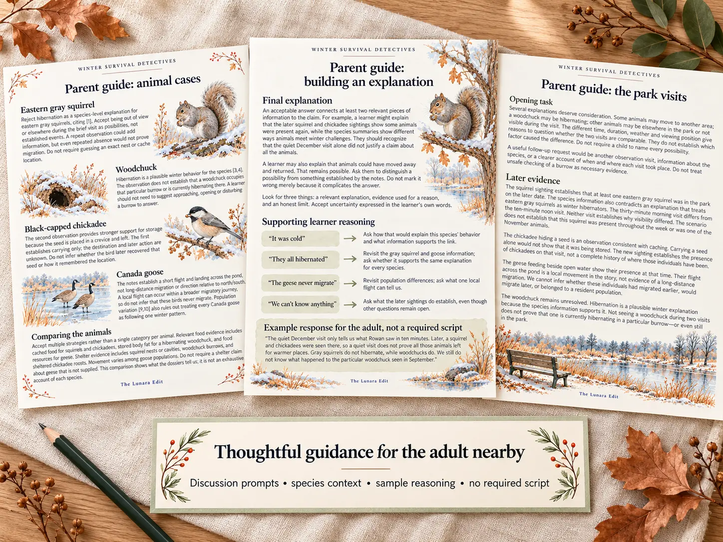 Three parent-guide pages showing animal context, support for building an explanation, and guidance for discussing the park visits, with winter wildlife illustrations.