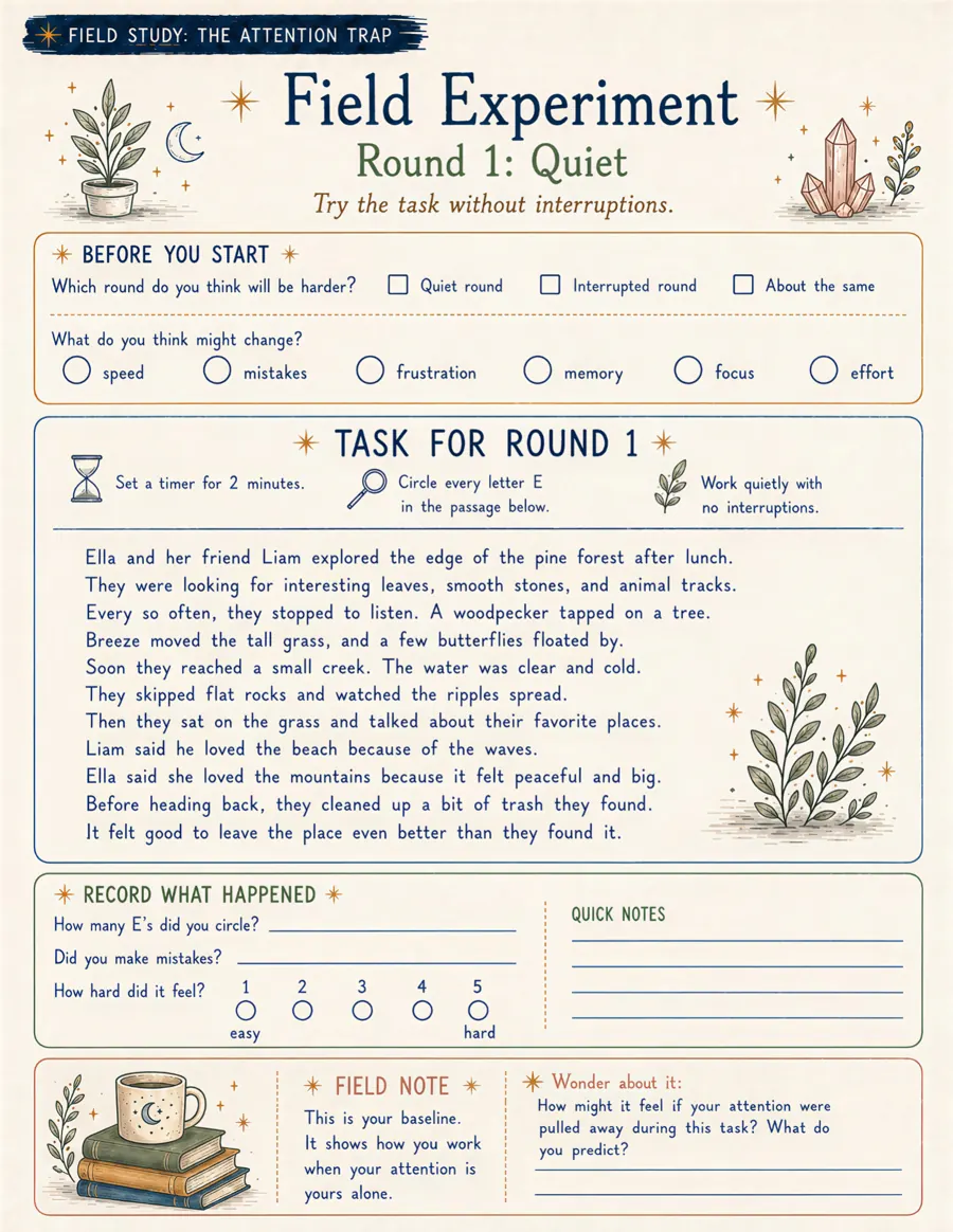 Actual printable Round 1 Quiet experiment page from The Attention Trap