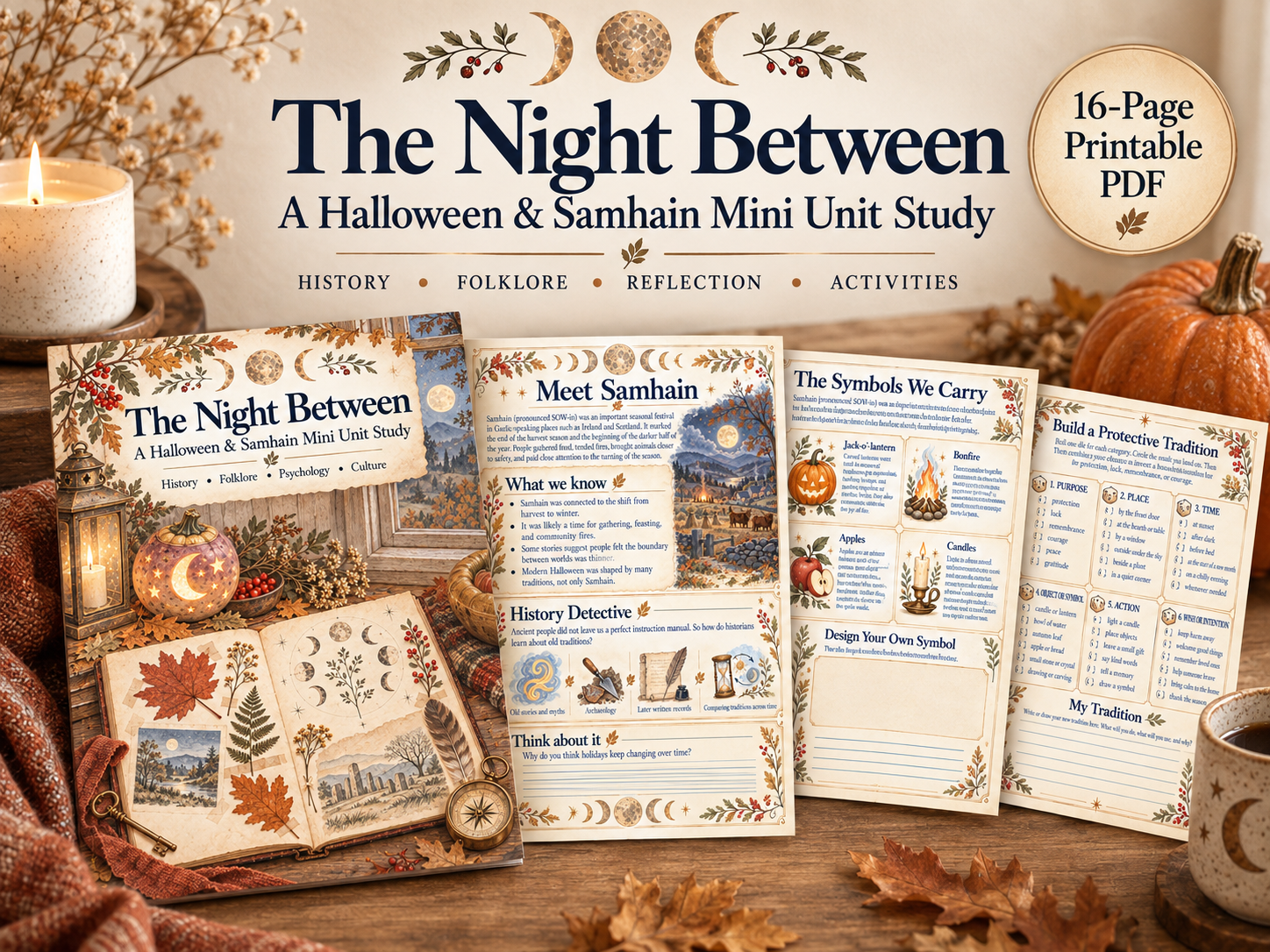 The Night Between Halloween and Samhain printable study shown with sample pages and warm autumn decor