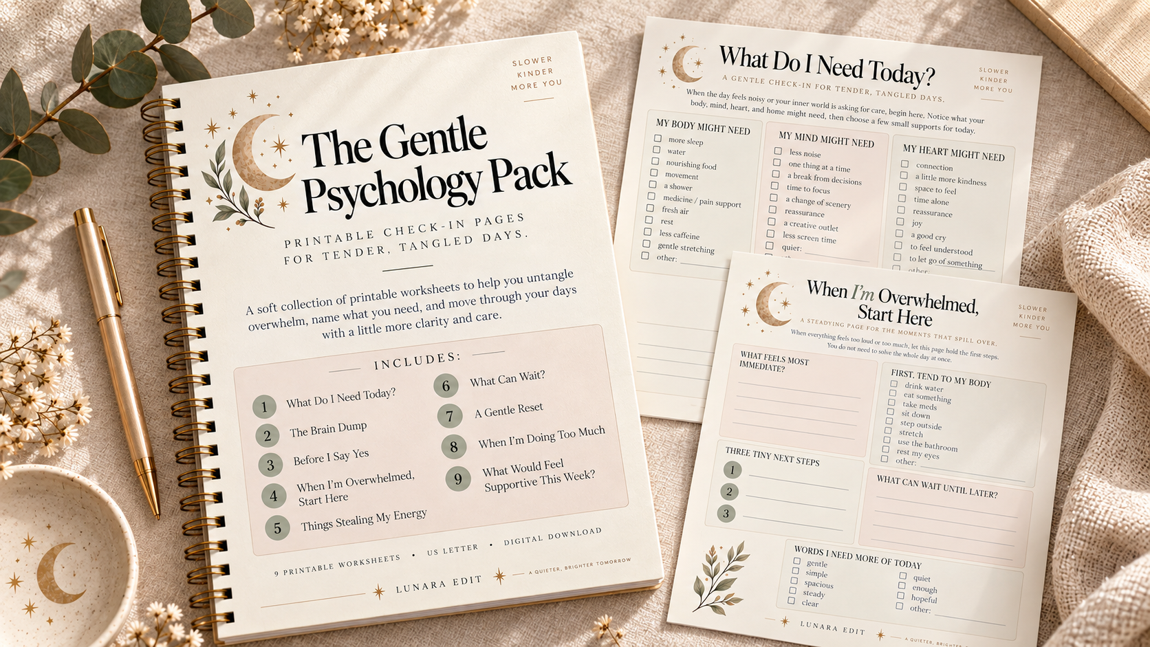 The Gentle Psychology Pack shown as a spiral-bound journal beside several printable check-in worksheets.