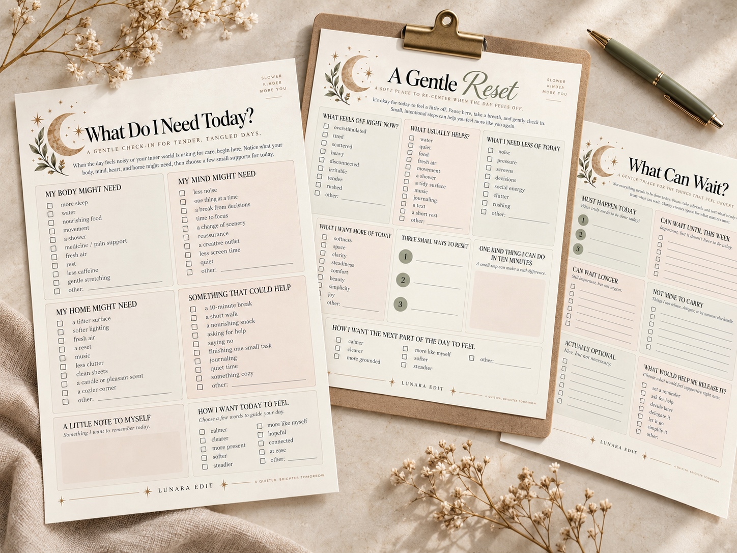 A selection of Gentle Psychology Pack worksheets showing checkboxes, short prompts, and open writing spaces.