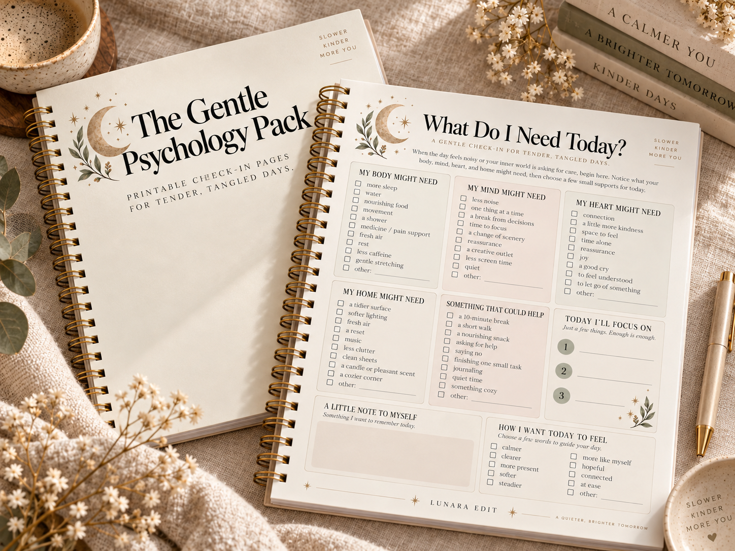 The Gentle Psychology Pack imagined as a spiral-bound journal beside an open worksheet.