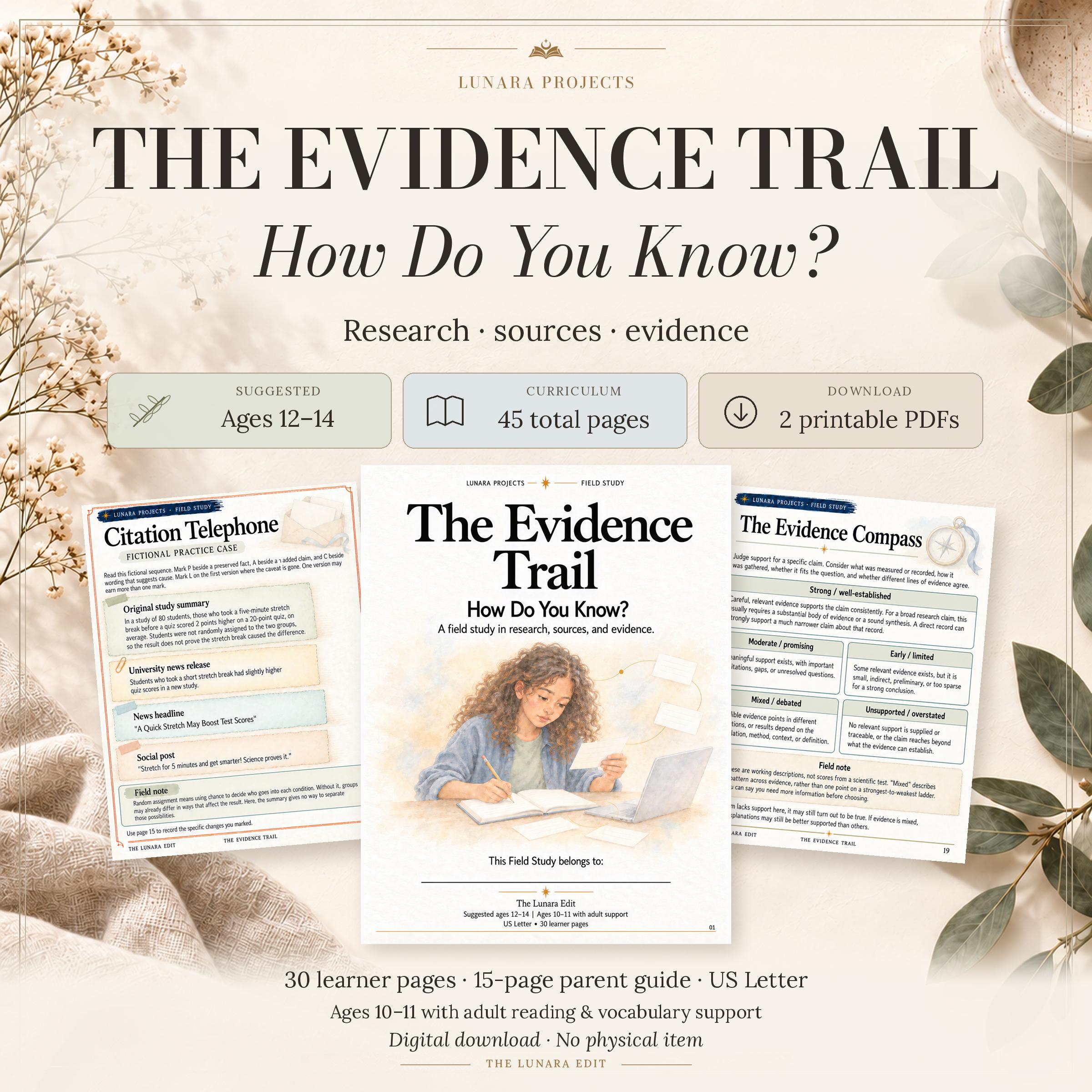 The Evidence Trail cover, Citation Telephone example, and Evidence Compass; suggested ages 12–14, 45 pages in two printable PDFs.