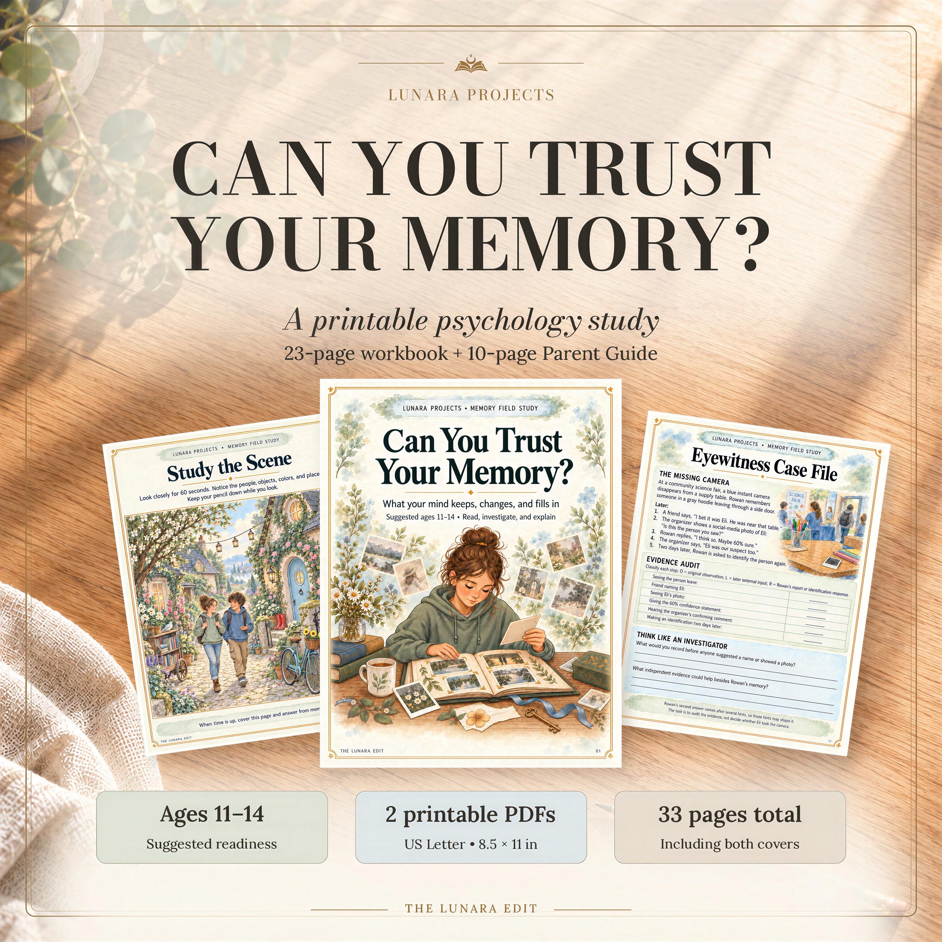Can You Trust Your Memory? Etsy listing artwork, with the cover, experiment pages, and learner-study and parent-guide details for ages 11–14.