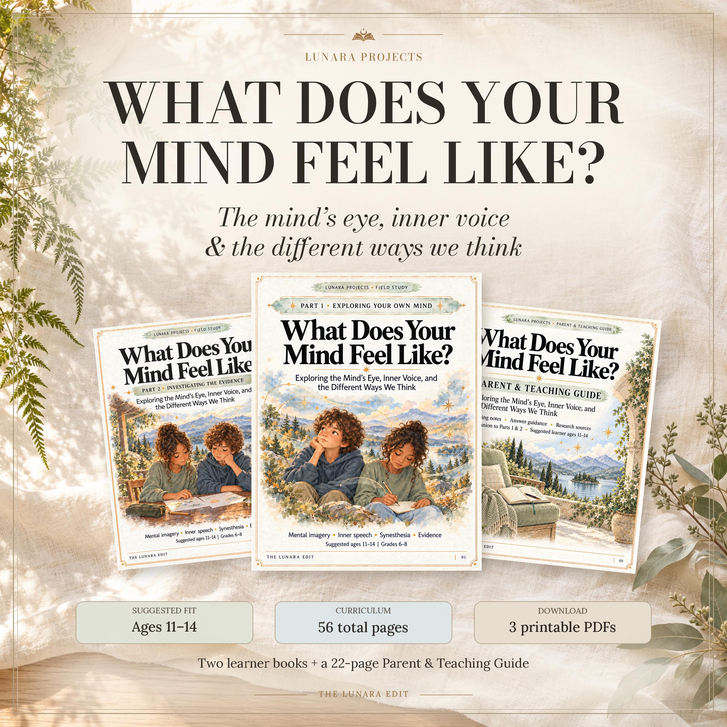 What Does Your Mind Feel Like? title above three overlapping books; ages 11–14, 56 pages and three printable PDFs.